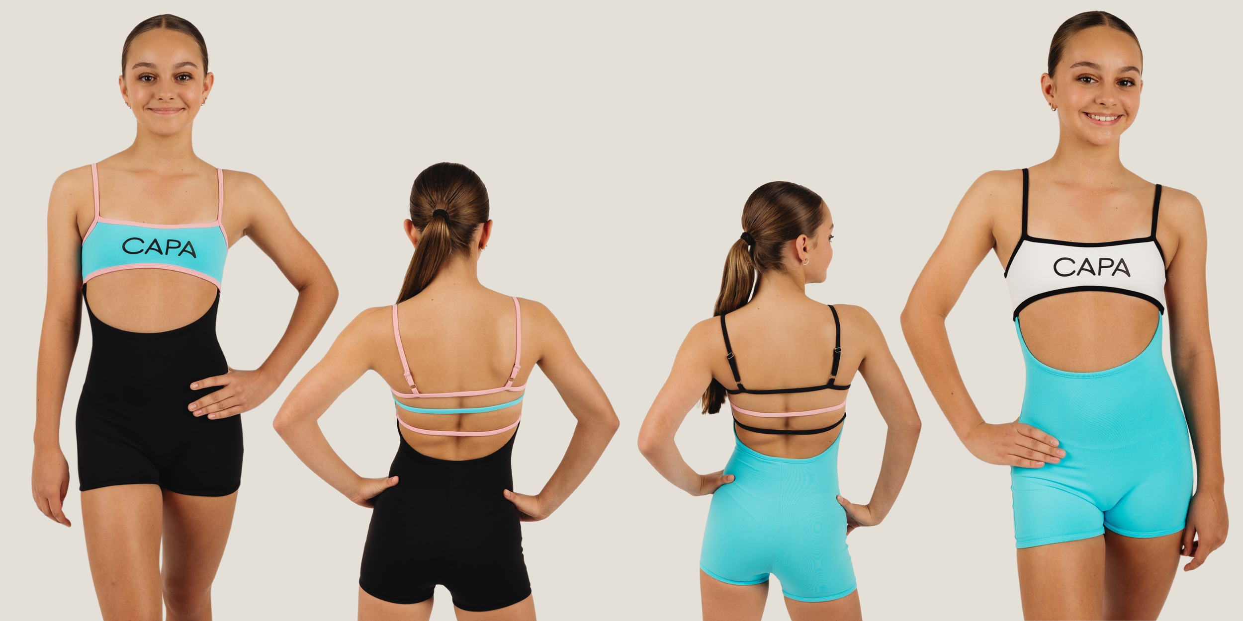 A young woman wearing a cut-out, colorful swimsuit with the word 'CAPA' on the front, shown from front and back angles.