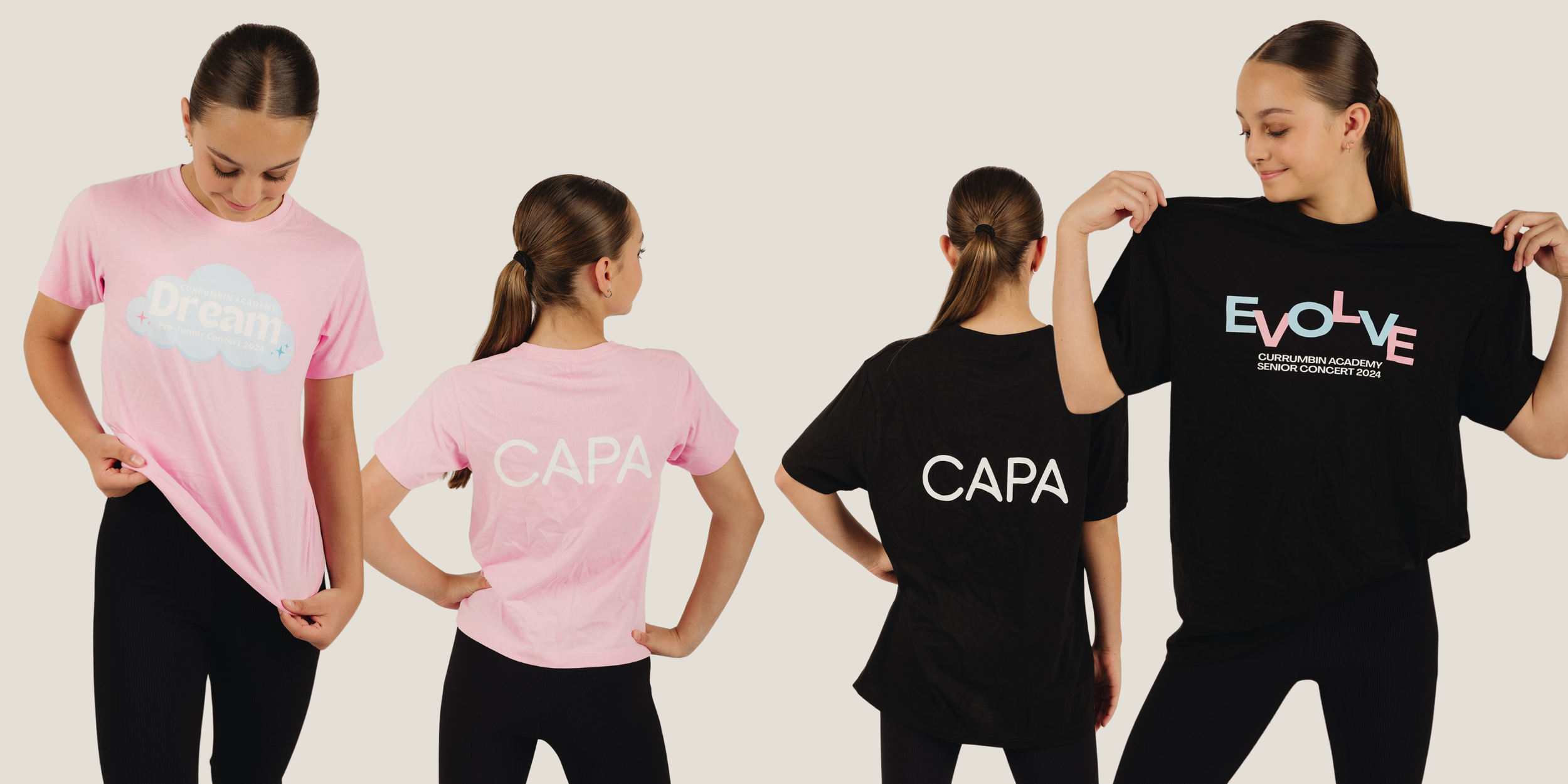 Four young women display custom T-shirts with the words 'CAPA' and 'EVOLE' against a plain background.