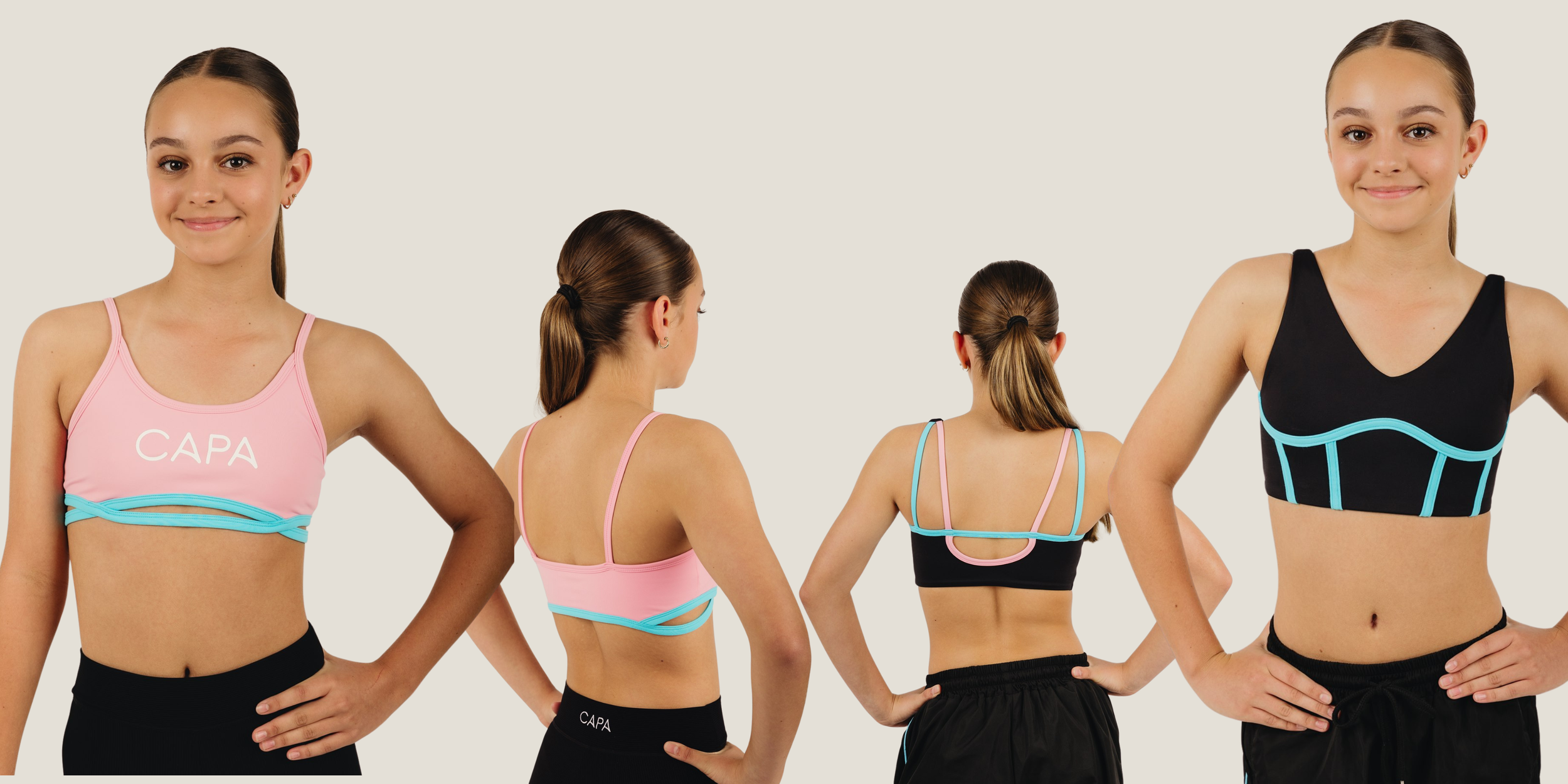 Four young women in athletic wear, posing in different stances, against a plain background.
