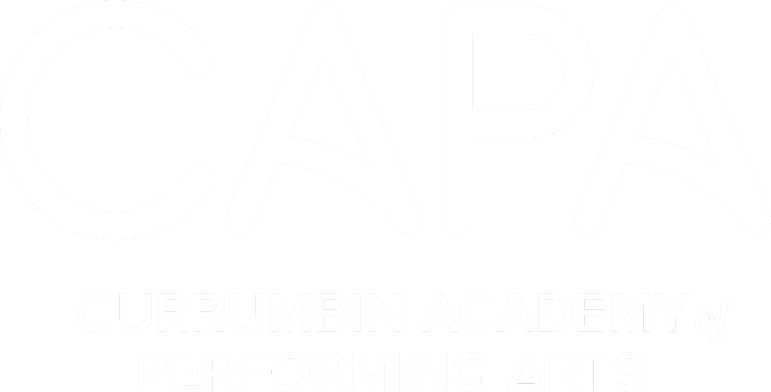 Logo for Currumbin Academy of Performing Arts, featuring large white text 'CAPA' with 'Currumbin Academy of Performing Arts' written below on a black background.