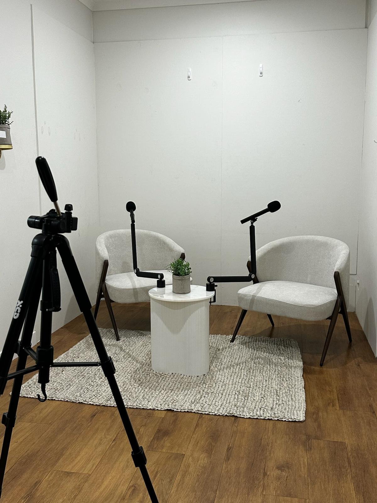 A small indoor setup with two beige armchairs, a small round white side table with a potted plant, two microphones on adjustable stands, and a camera on a tripod in a plain white-walled room with wooden flooring and a textured rug.