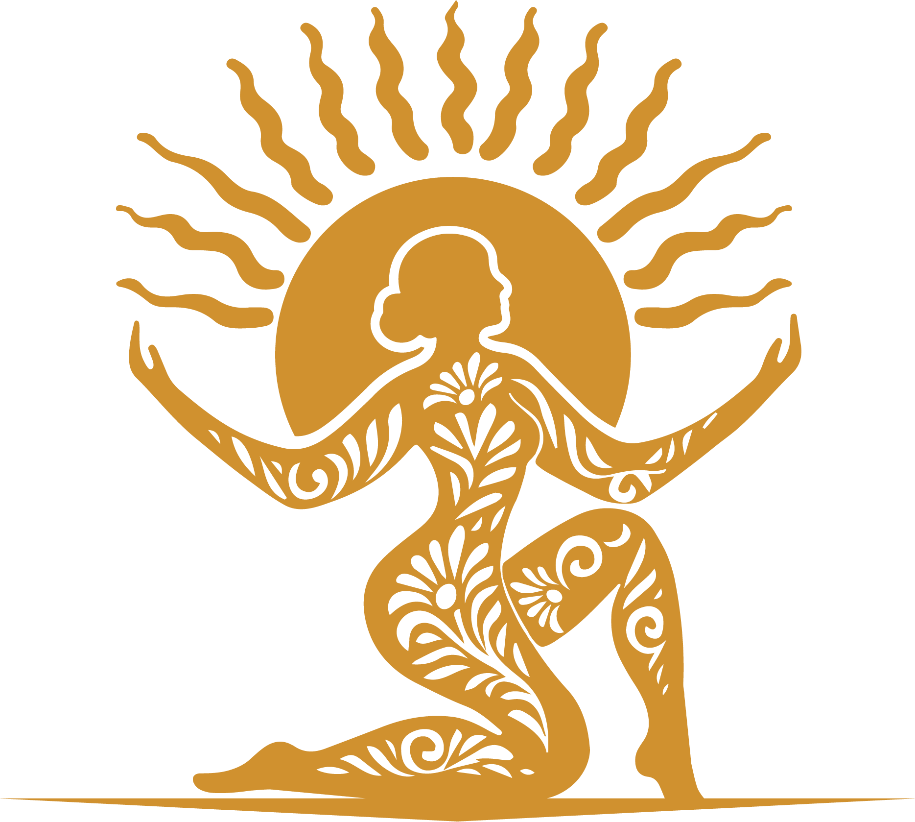A stylized gold silhouette of a woman with a flowing dress, surrounded by ornate decorative patterns, and a sunburst behind her head.