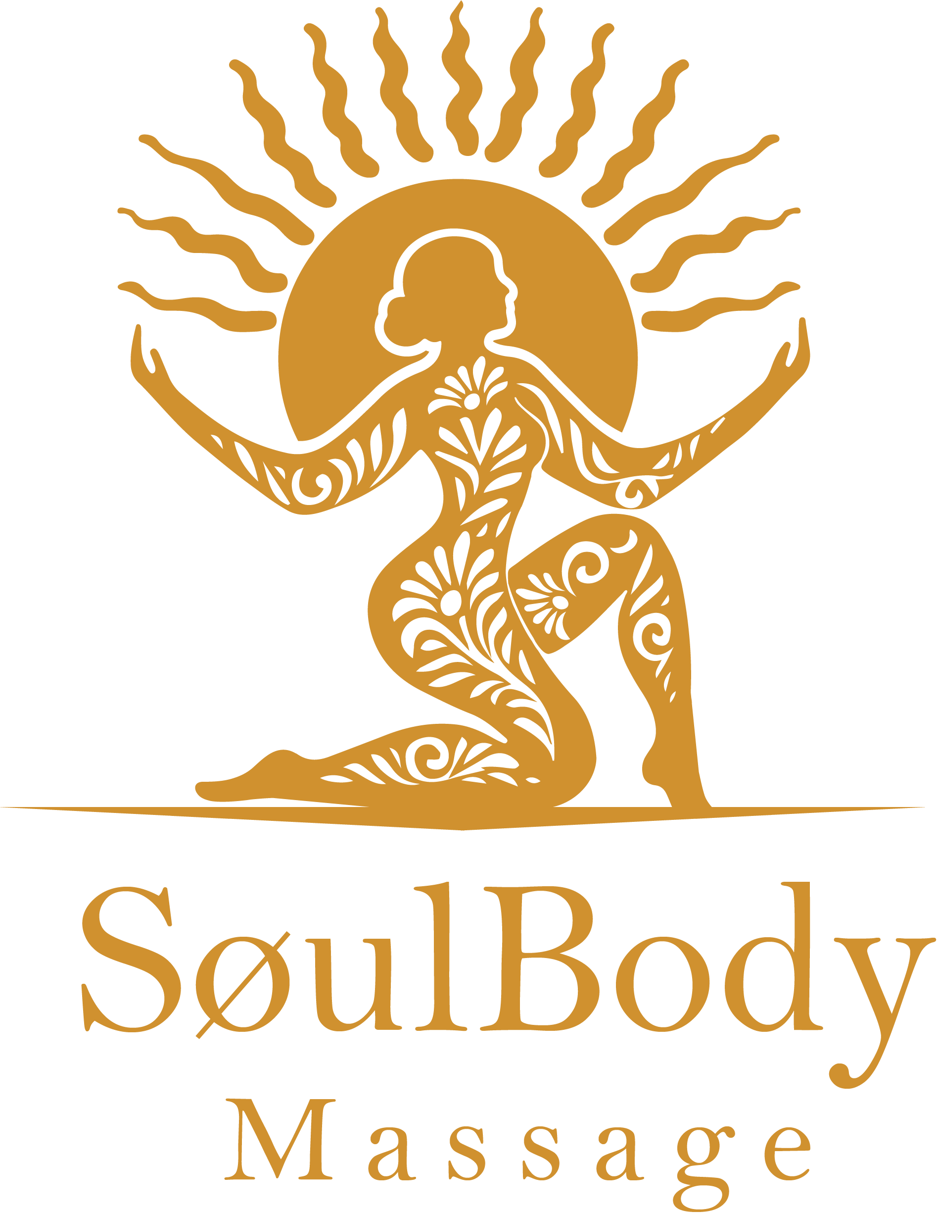 Logo with a stylized human silhouette, branches like tree limbs, a sun behind the head, and the words 'Soul Body Massage'.