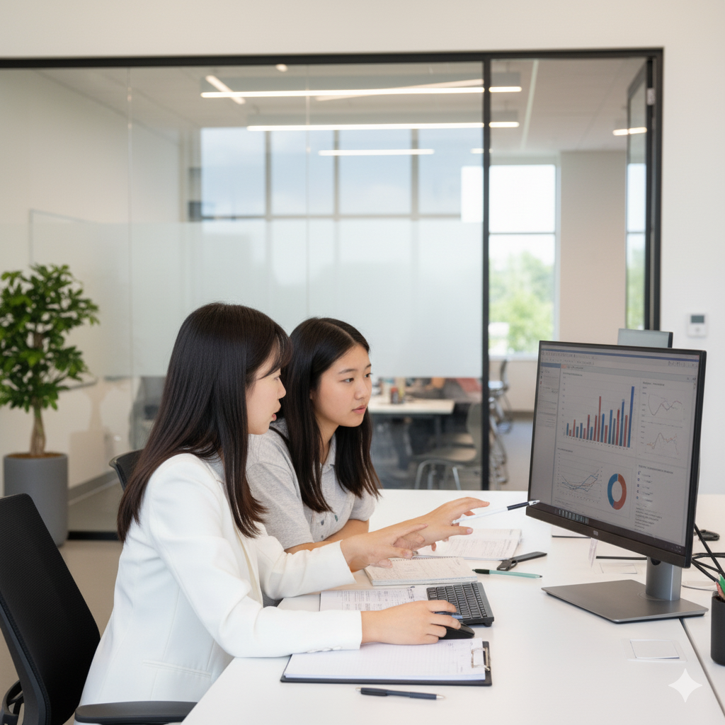 Two women sitting at a desk analyzing data on a computer monitor in an office.