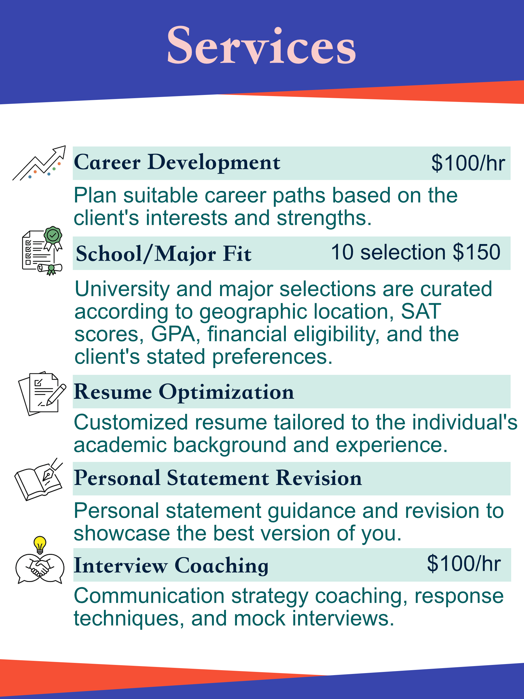 A colorful informational flyer with a blue, red, and white theme promoting career and personal development services. It includes sections on career development, resume optimization, and interview coaching, each with descriptions and icons.