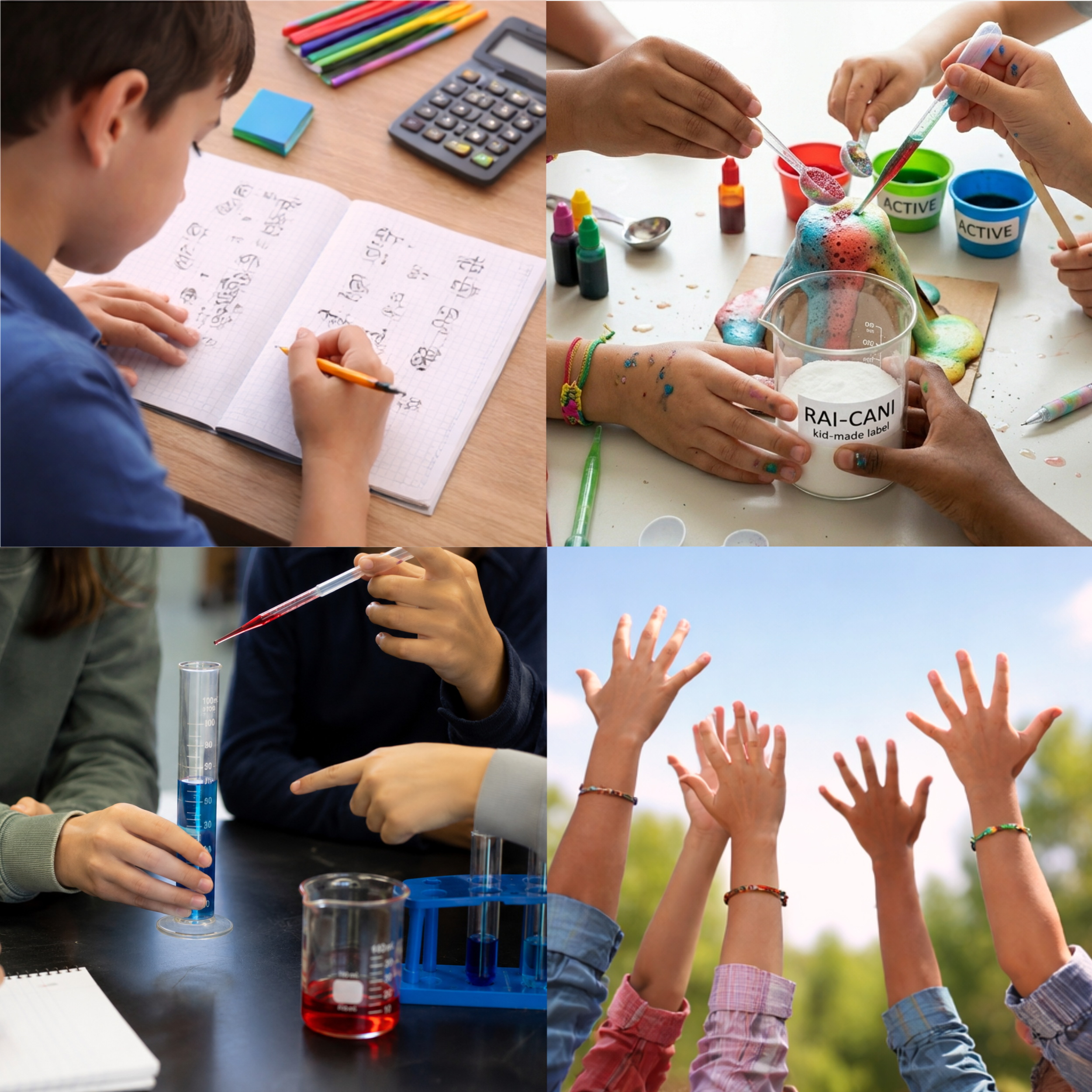Children engaged in science experiments and outdoor activities, with hands reaching up and colorful science materials visible.