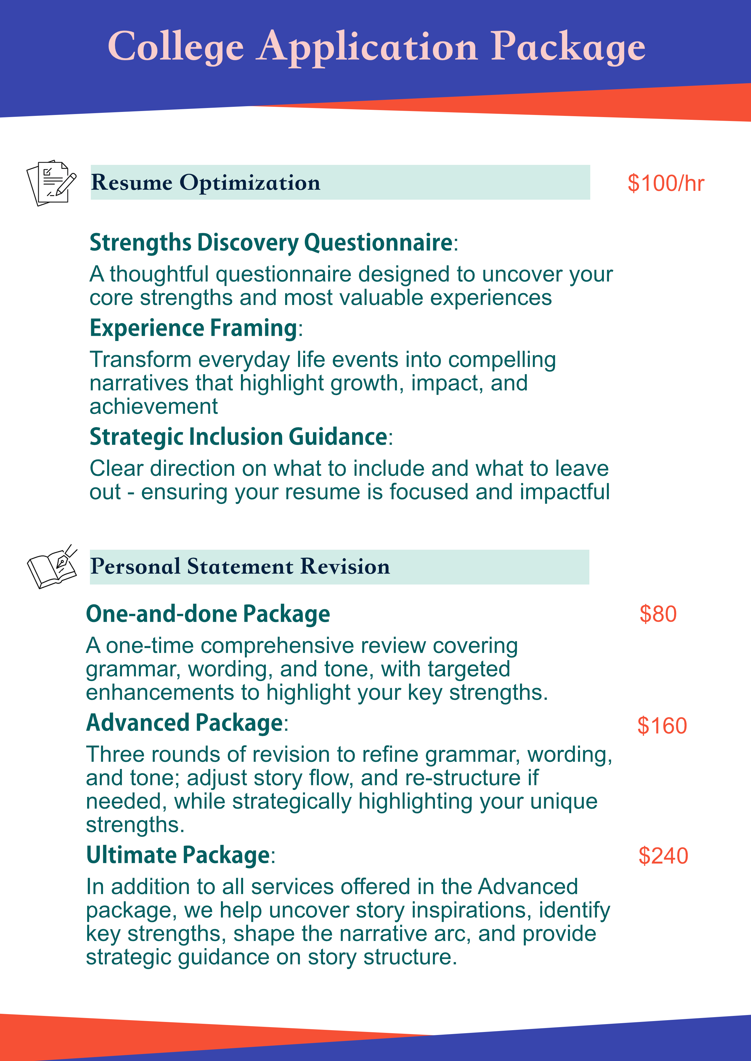 A colorful flyer advertising college application packages with different levels of services and prices.