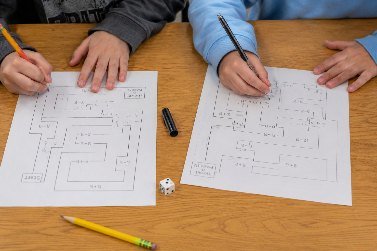 Two children working on separate maze puzzles on white paper, using pencils, with a die and a yellow pencil on a wooden table.