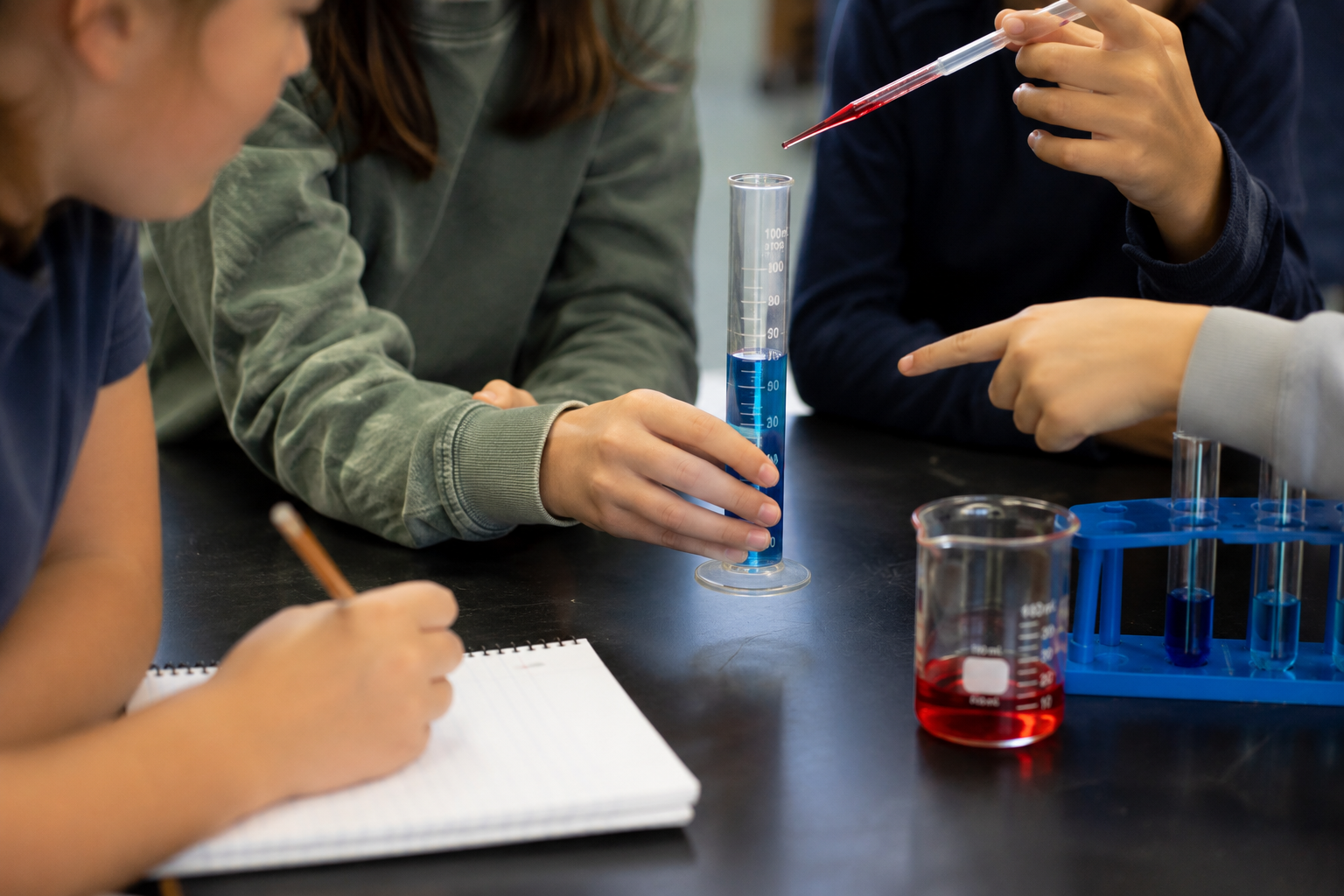 Children conducting a science experiment, measuring blue liquid in a graduated cylinder while taking notes and observing