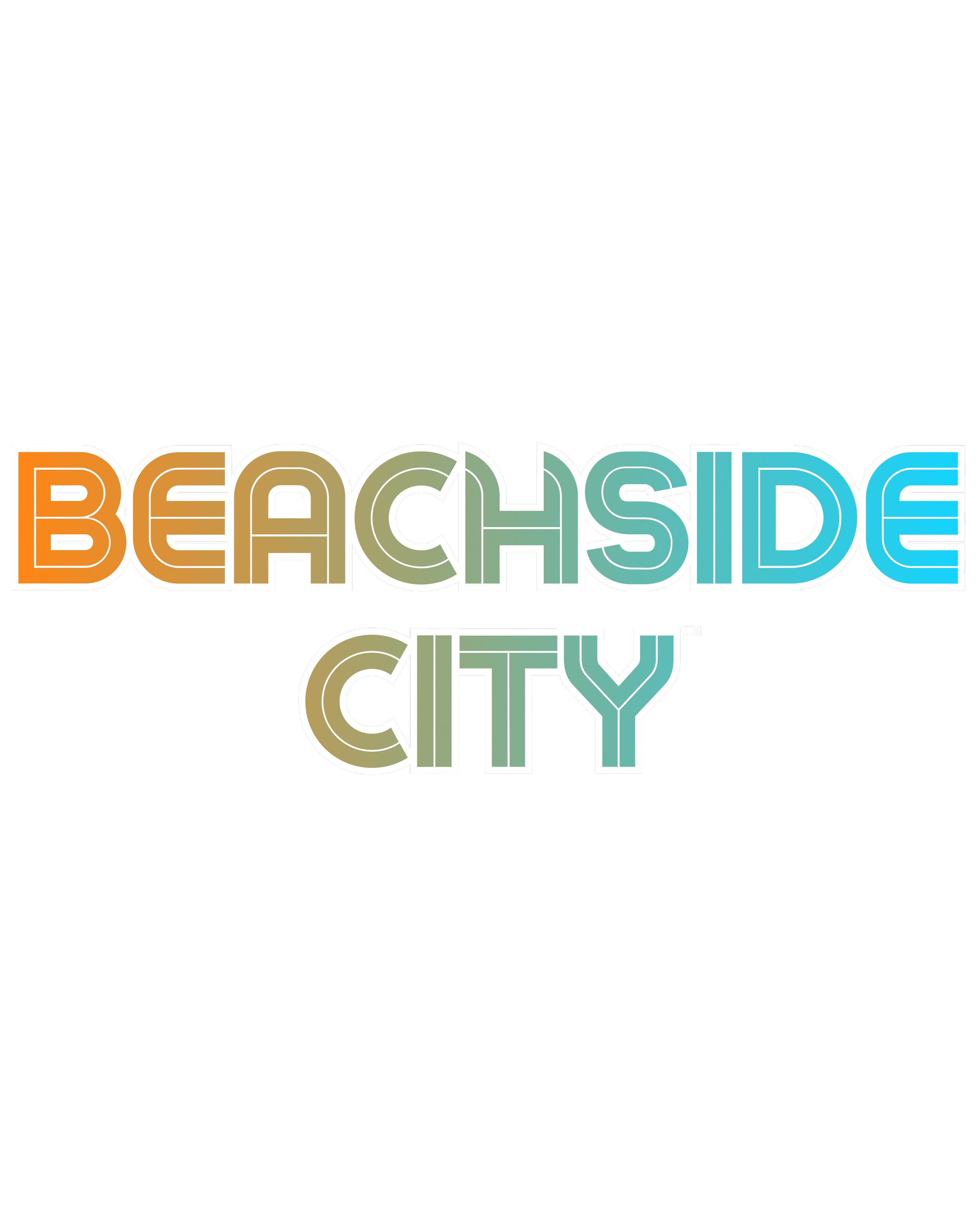 Logo for Beachside City with colorful, outlined text on a black background.