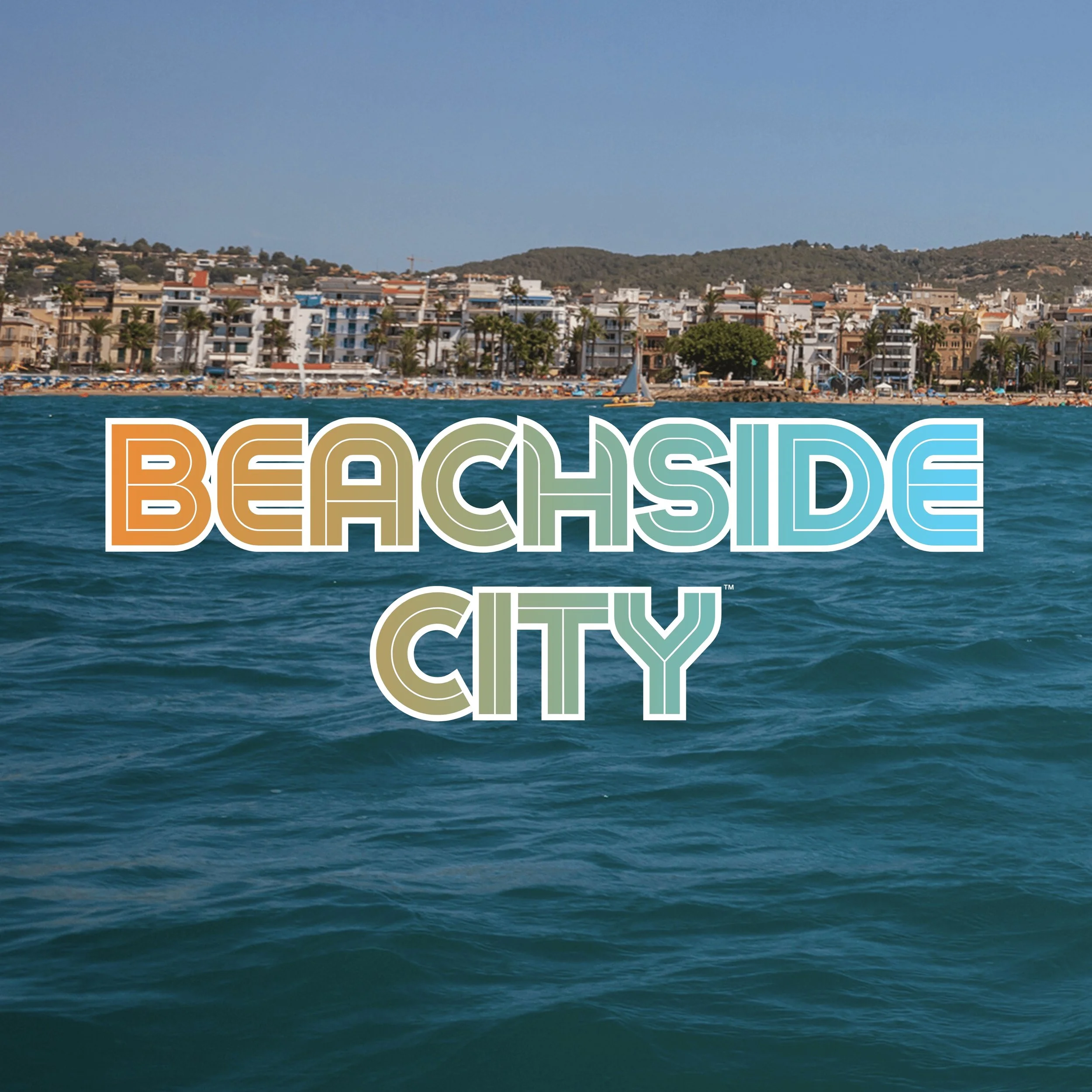 A scenic view of a coastal city with colorful buildings, a beach, and water in the foreground, with text reading "Beachside City" over the image.