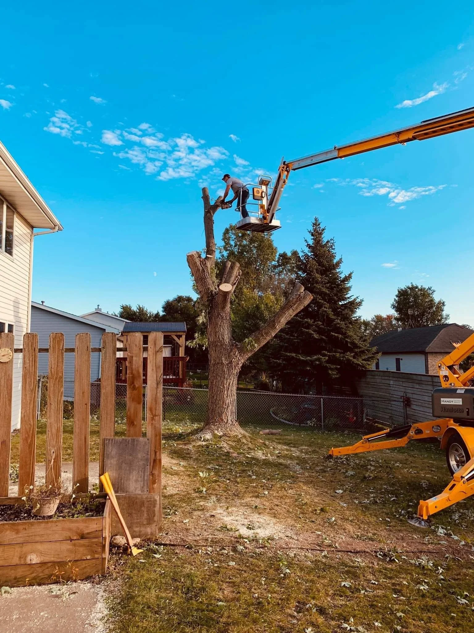 A person using a lift bucket to cut and remove a large tree branch in a residential backyard with a blue sky and clouds overhead.