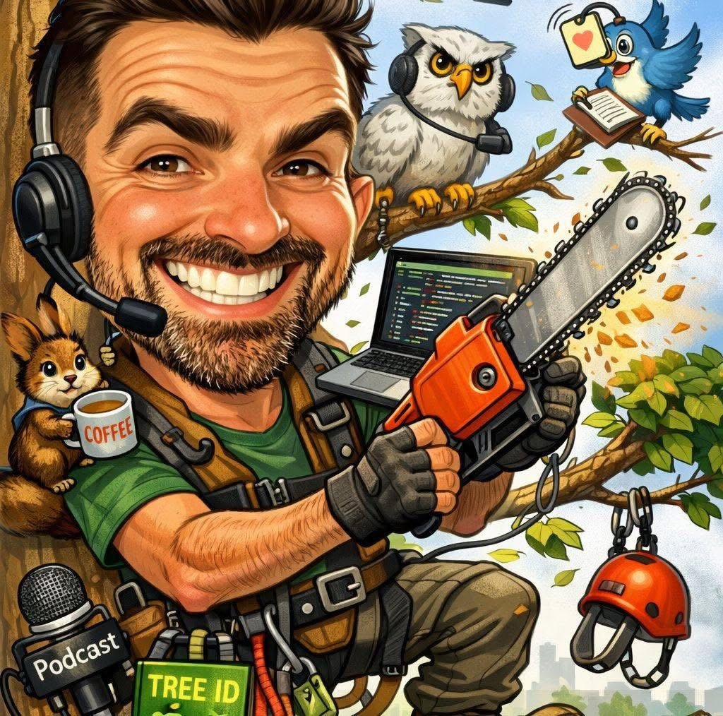 A cartoon-style illustration of a smiling man with a beard in a green shirt, wearing a headset and holding a chainsaw. He is sitting in a tree with various woodland animals around him, including a squirrel holding a coffee mug, an owl with headphones and a microphone, and a blue bird with a camera and a book. There is a laptop on his lap displaying code, a microphone labeled 'Podcast', a sign reading 'TREE ID', and a helmet hanging on a branch. The background features a city skyline.