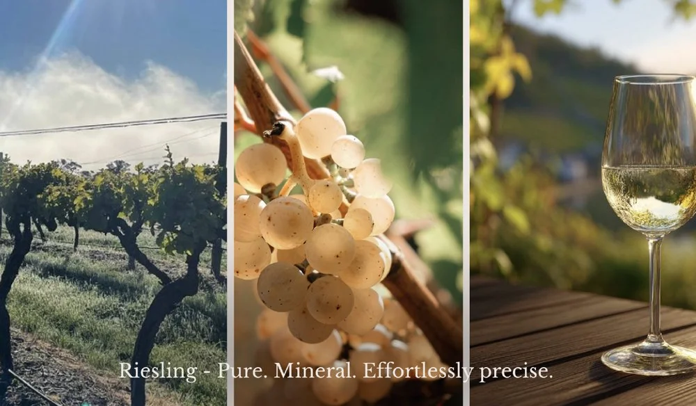 Porongurup Riesling vines, ripe white grapes and a glass of white wine displayed together.