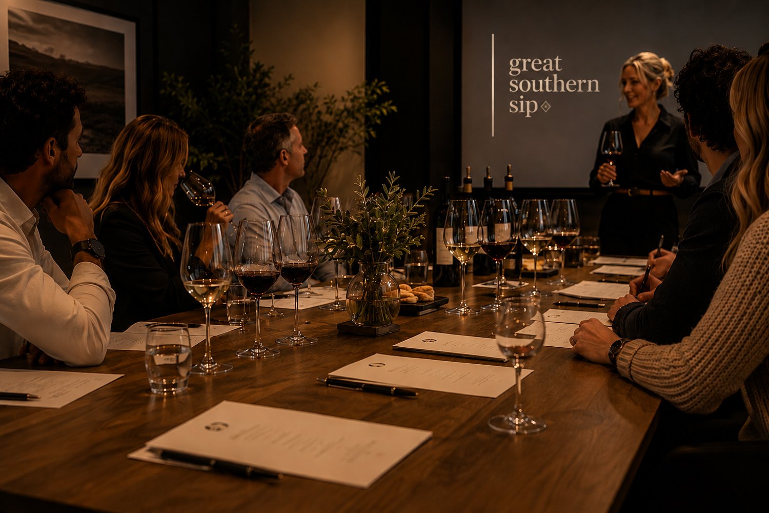 Tracey Whooley leading an educational Great Southern wine tasting for a conference group.