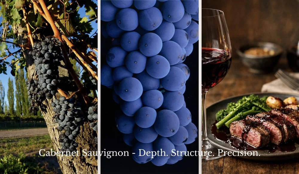 Cabernet Sauvignon grapes, vineyard vines and a glass of red wine served with food.