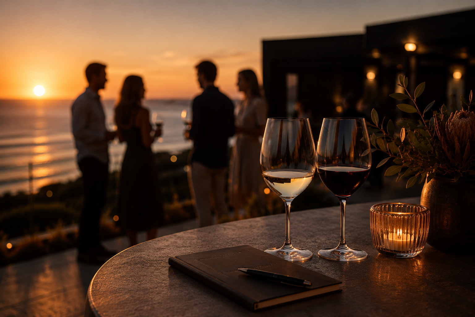 Two glasses of white and red wine on a table during sunset, with a candle and a notebook, while four people chat in the background by the ocean.