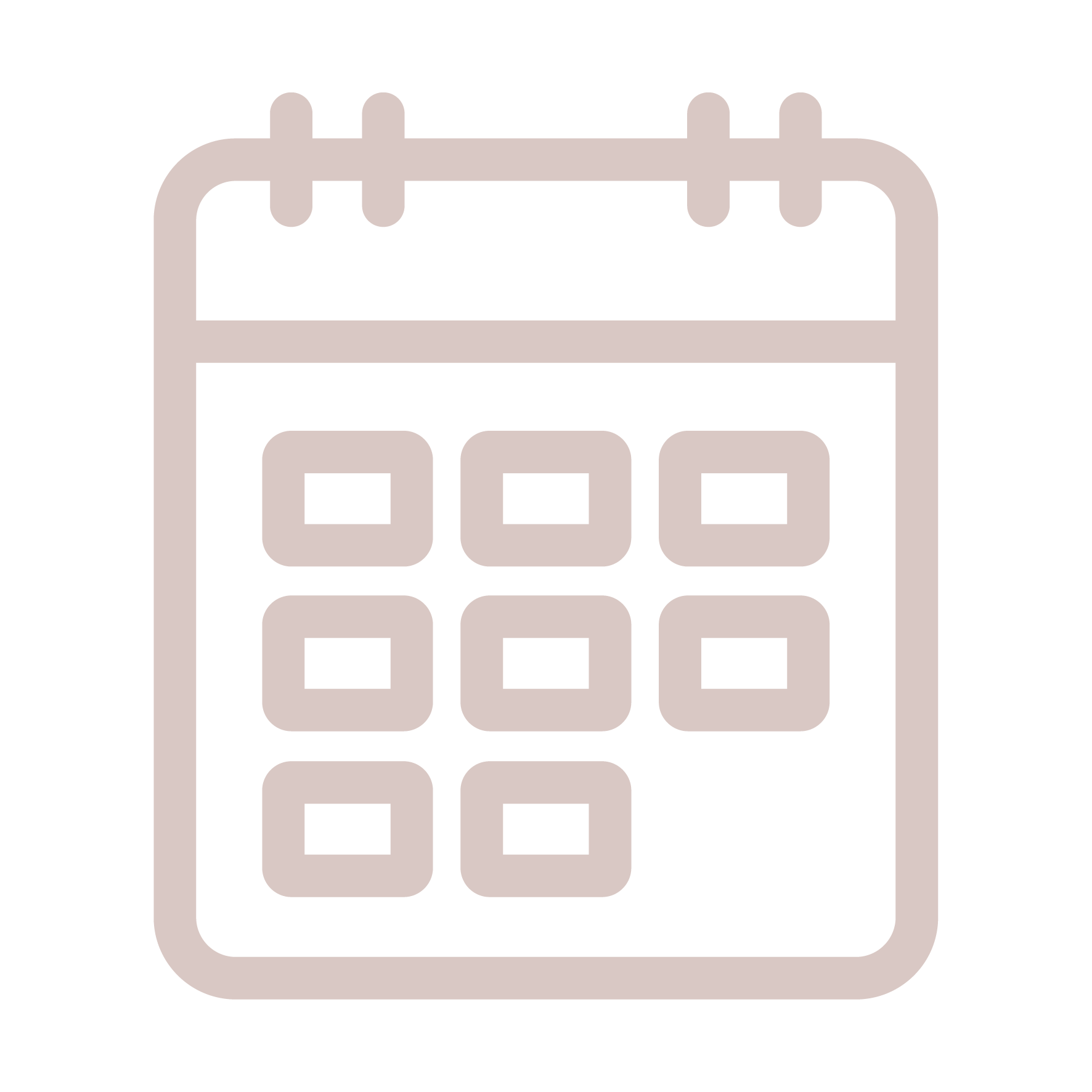 A beige outline of a calendar with six rows and seven columns of squares, representing a month view.