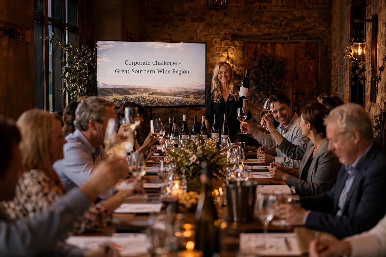 Corporate group participating in a guided Great Southern wine tasting around a dining table.