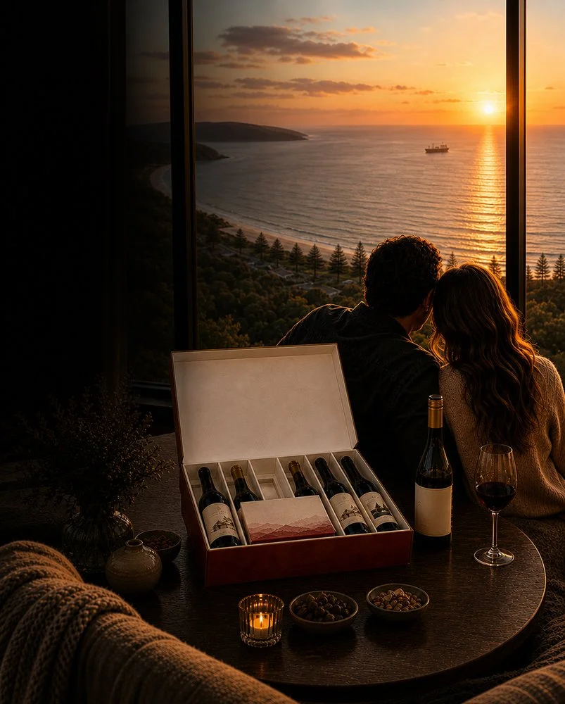 Open presentation box of wine bottles beside a bottle, wine glass and tasting accompaniments.