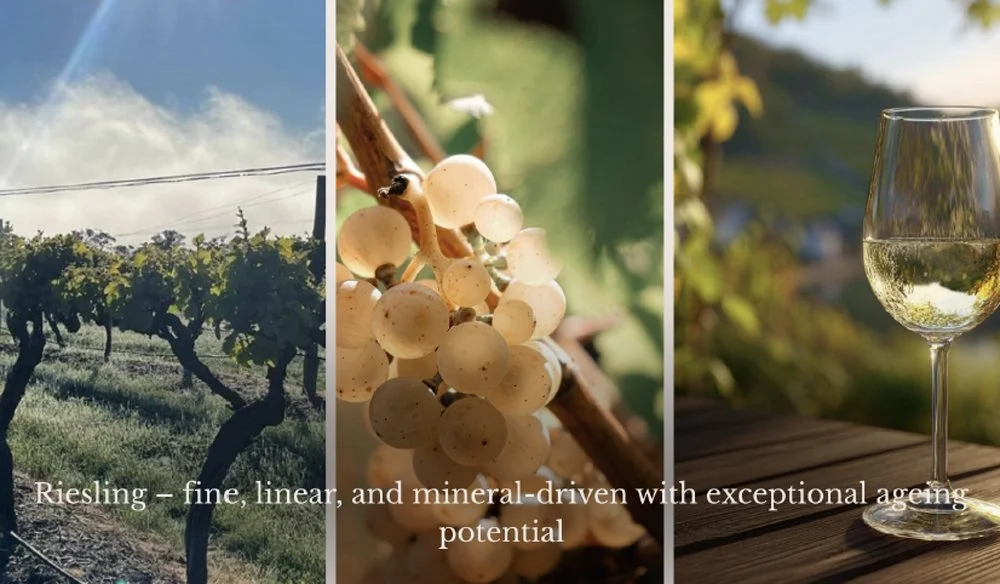 Frankland River Riesling vines, ripe white grapes and a glass of white wine displayed together.