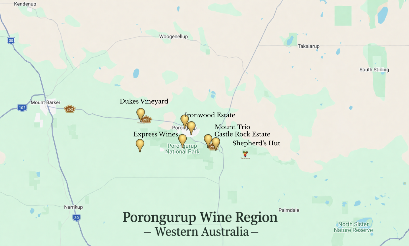 Map of southern Western Australia highlighting Porongurup within the Great Southern wine region.