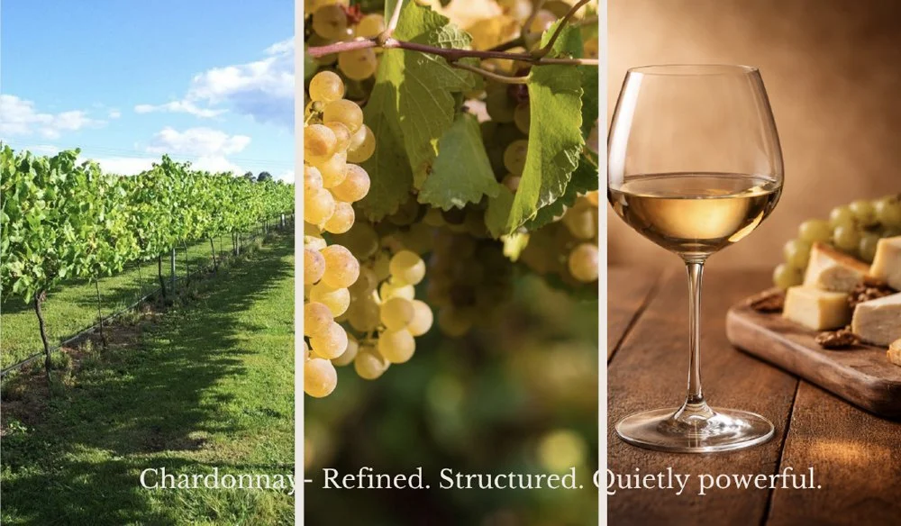 Porongurup Chardonnay vines, ripe white grapes and a glass of white wine displayed together.