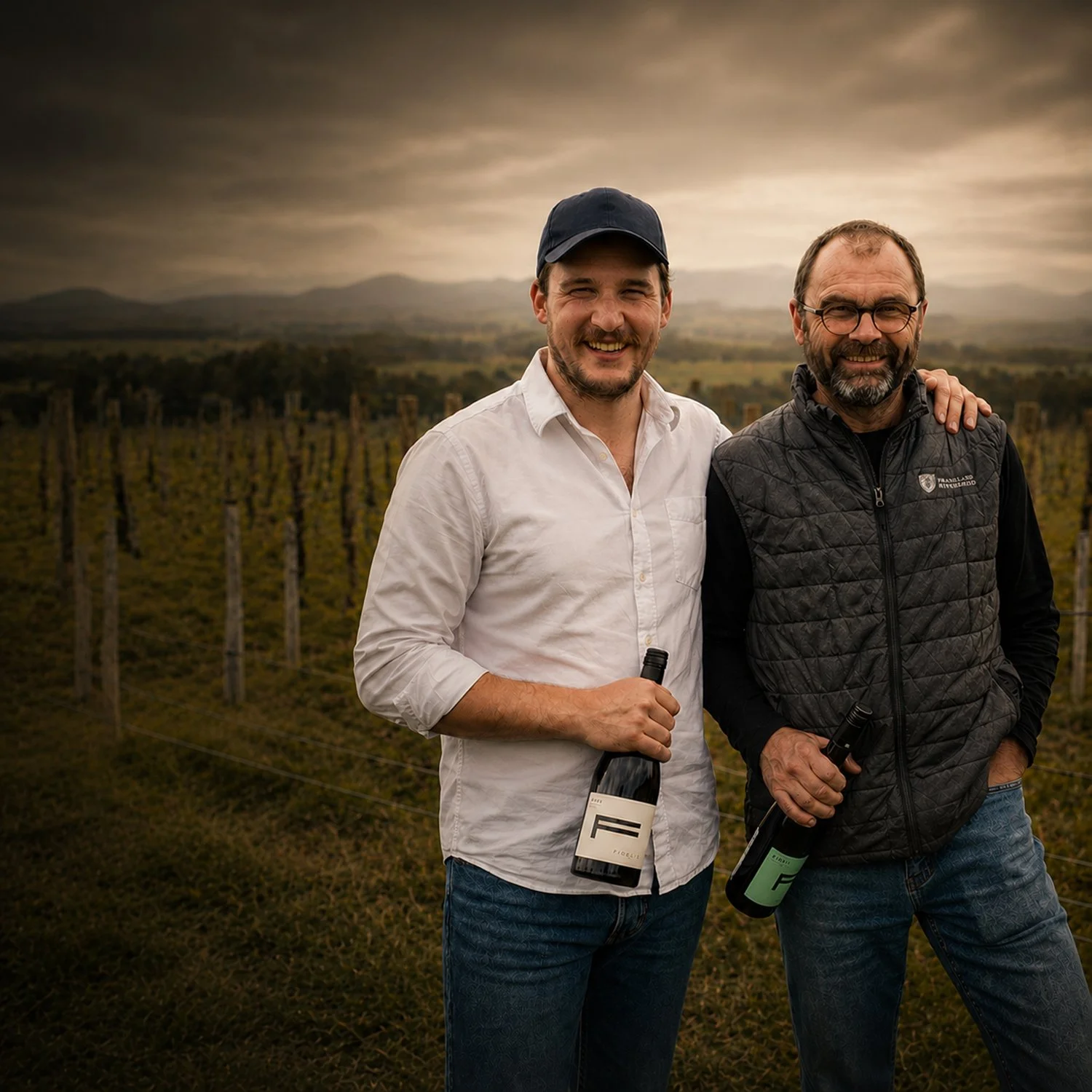 Two Great Southern wine producers standing together in a vineyard holding wine bottles.