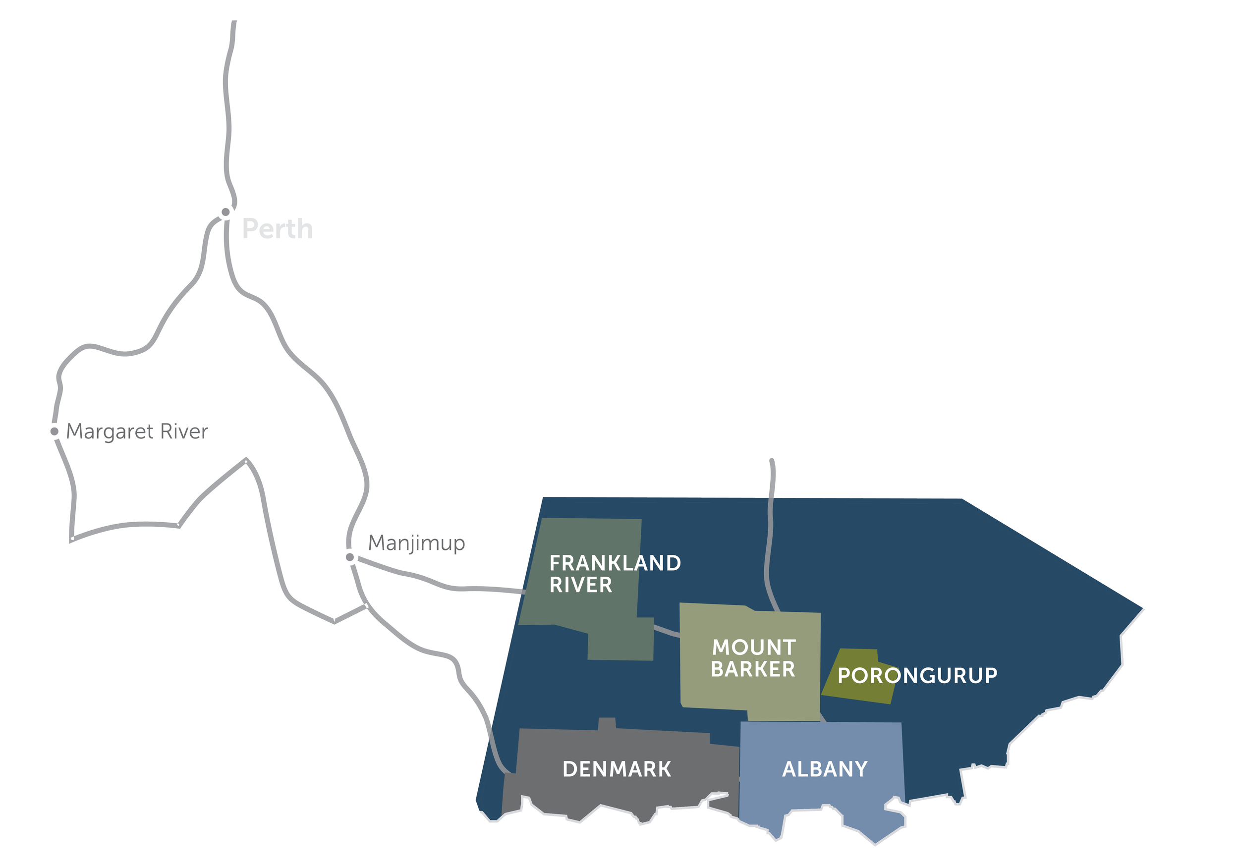 Map of southern Western Australia showing the Great Southern wine region and its subregions: Albany, Denmark, Frankland River, Mount Barker and Porongurup.