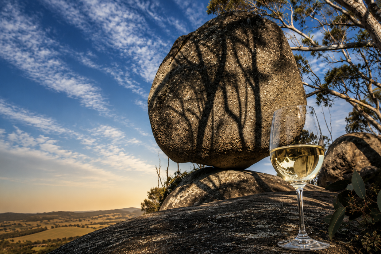A glass of white wine placed on a large rock in an outdoor setting at sunset, with a big rock and leafless trees in the background, and a blue sky with wispy clouds.