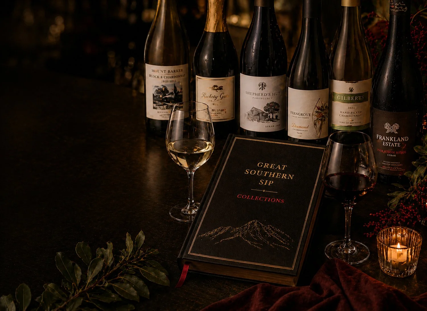 Three wine bottles displayed with a filled wine glass and Great Southern Sip printed material.