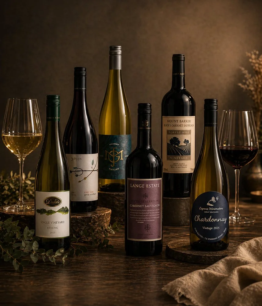 Selection of Great Southern wine bottles displayed with glasses of red and white wine.