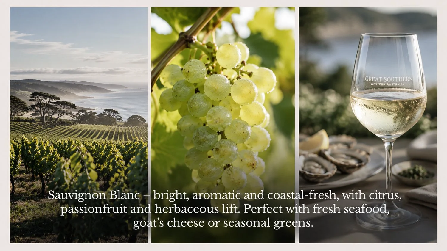 Coastal vineyard, ripe Sauvignon Blanc grapes and a glass of white wine displayed together.