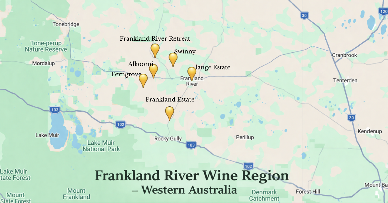 Map of southern Western Australia highlighting Frankland River within the Great Southern wine region.