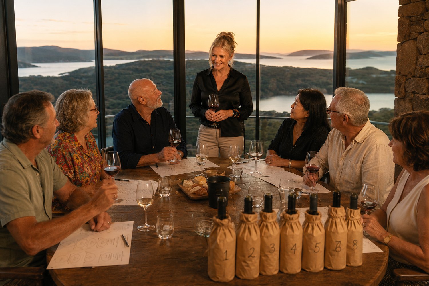 Accommodation guests enjoying a hosted wine tasting overlooking Albany’s coastal landscape.