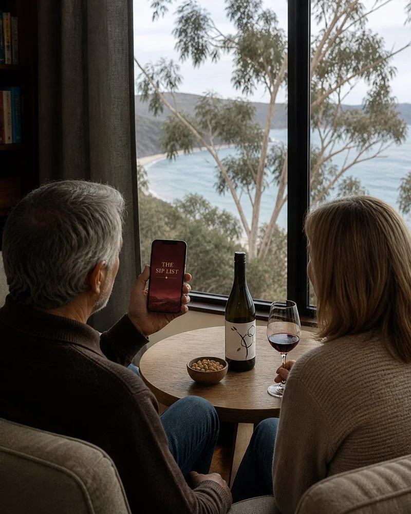 Guests sharing wine around a table overlooking Great Southern bushland.