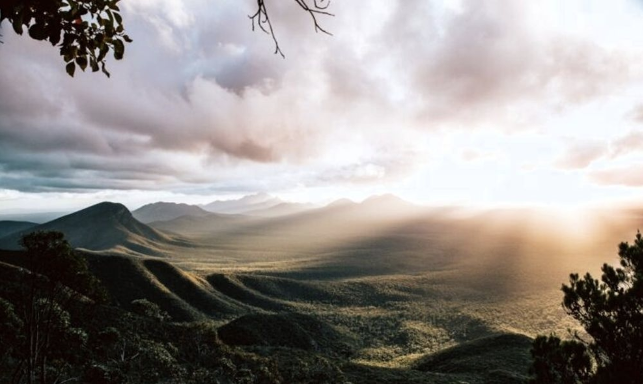 Sunrise over rolling green mountains with cloudy sky, trees in foreground
