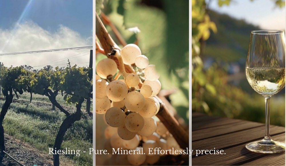 Mount Barker Riesling vines, ripe white grapes and a glass of white wine displayed together.