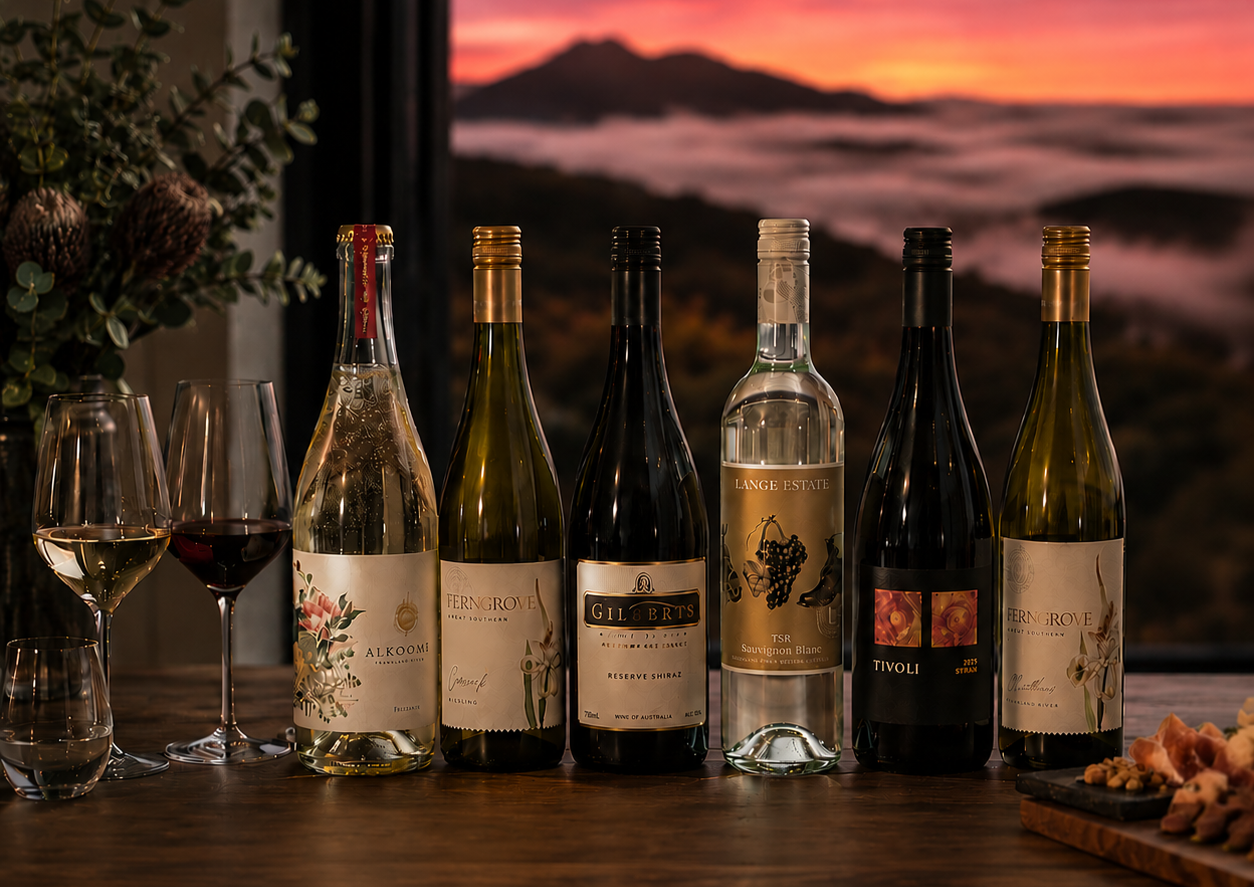 Six bottles of wine on a wooden table with two glasses of white wine and one glass of red wine, set against a sunset view of mountains and clouds.