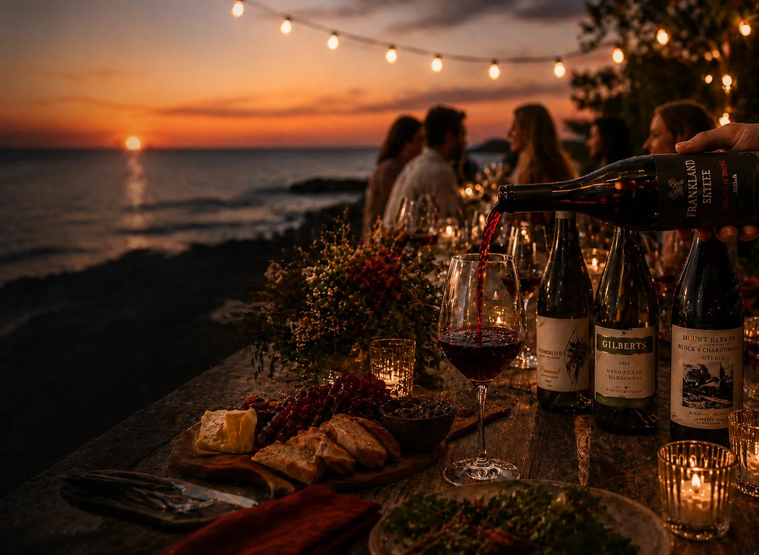 Guests enjoying wine and food at an outdoor sunset event beside the water.