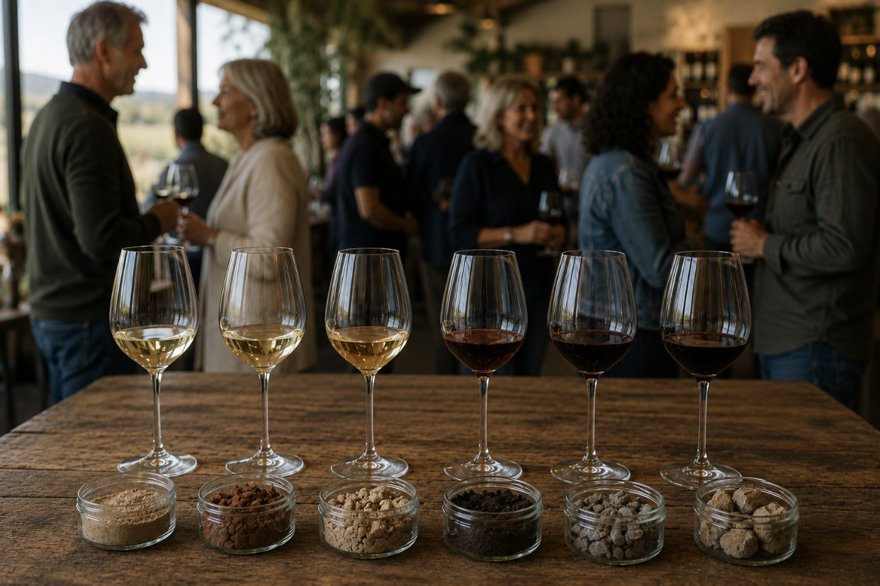 Six glasses of wine with different shades from white to red on a wooden table, each accompanied by small bowls of tasting ingredients, in a lively wine tasting event with people socializing in the background.