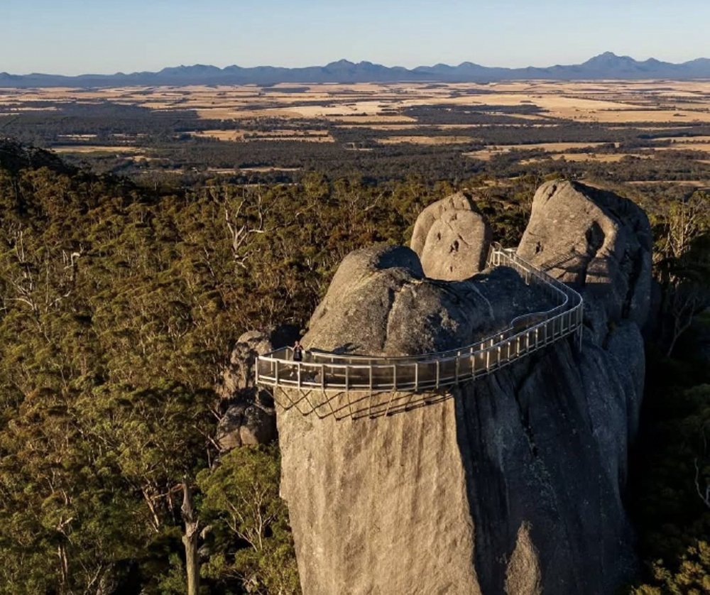 Aerial view of the Granite Skywalk at Castle Rock overlooking the Porongurup countryside.