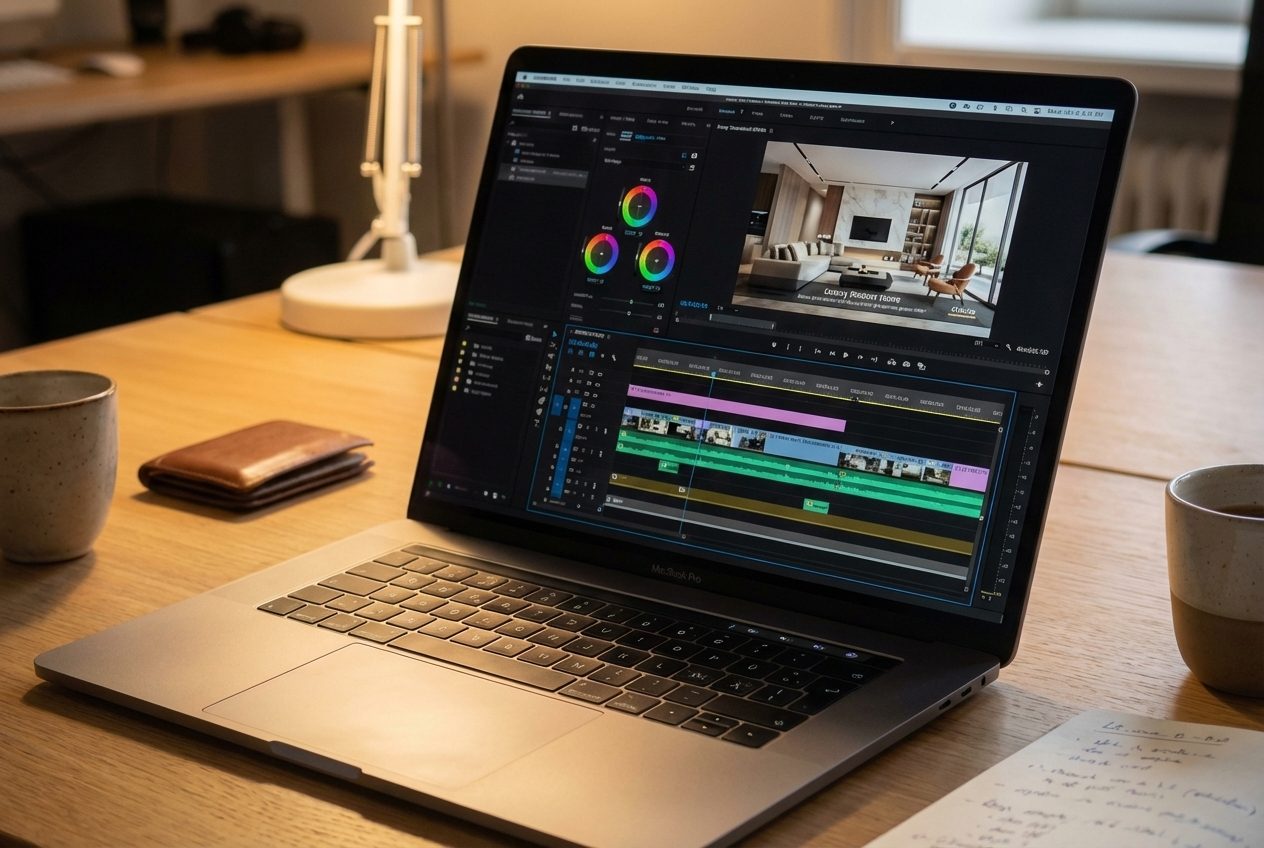 A laptop displaying a video editing software with a scene of a modern living room on the screen. The workspace includes a wooden table, two cups, a wallet, a desk lamp, and a notebook with handwritten notes.