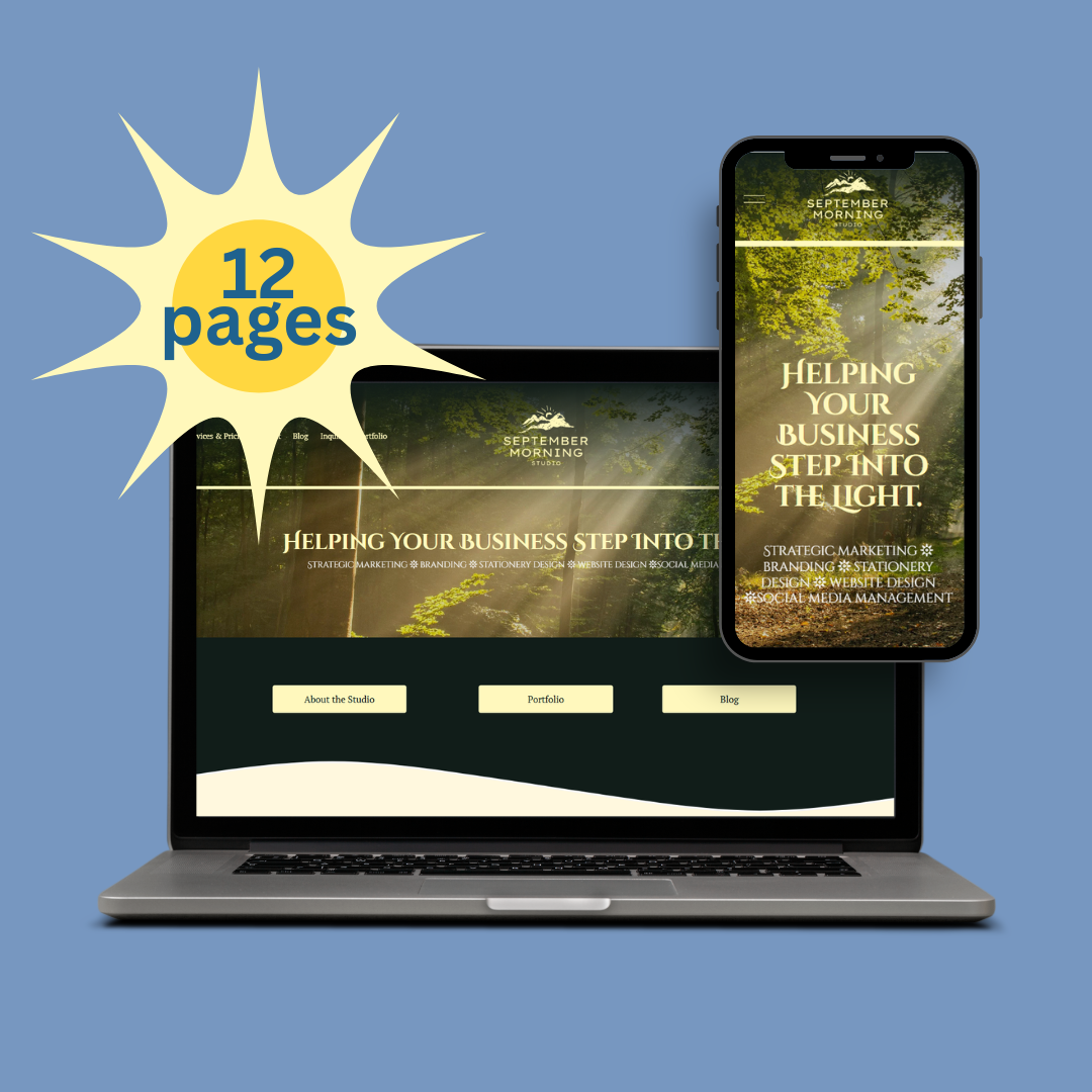 A laptop and a smartphone displaying a website for September Morning Studio, with a nature background and the text "Helping your business step into the light." A graphic overlay indicates "12 pages."