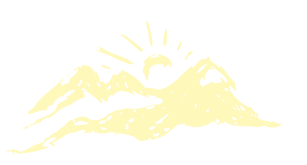 A stylized drawing of mountains with the sun rising or setting behind them, depicted with radiating lines.