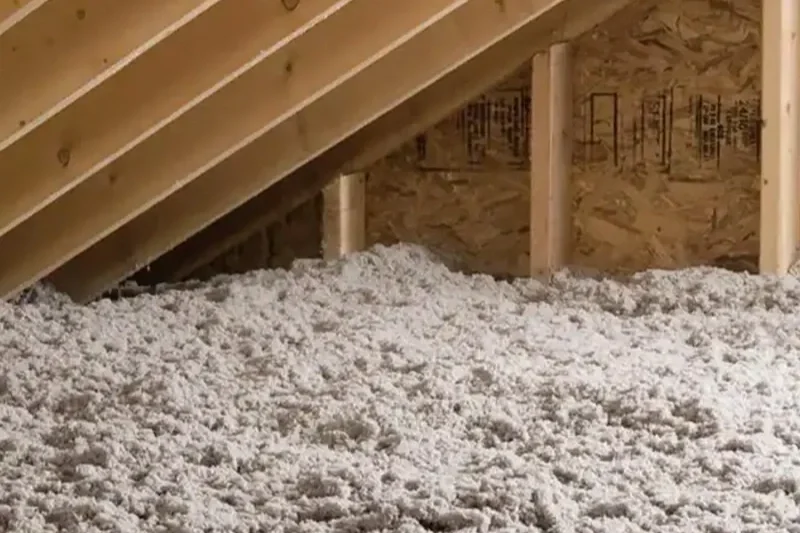 Insulation material covering the floor of an attic space, with wooden beams and plywood walls in the background.