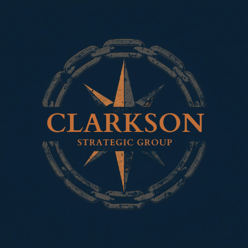 Logo for Clarkson Strategic Group featuring a compass rose enclosed in a chain, with the company name in orange text.