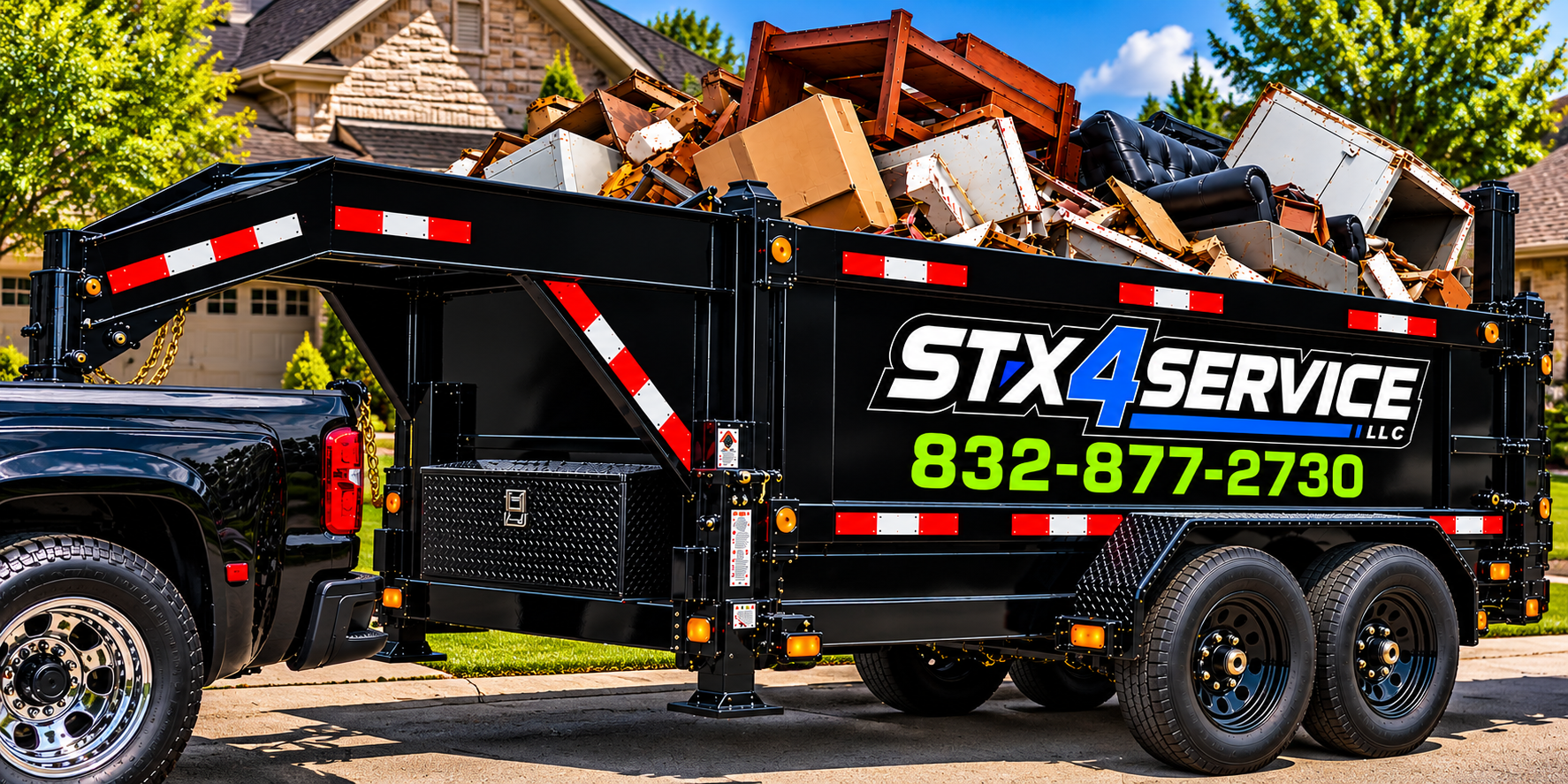STX4SERVICE junk removal trailer loaded with household junk in Houston, TX