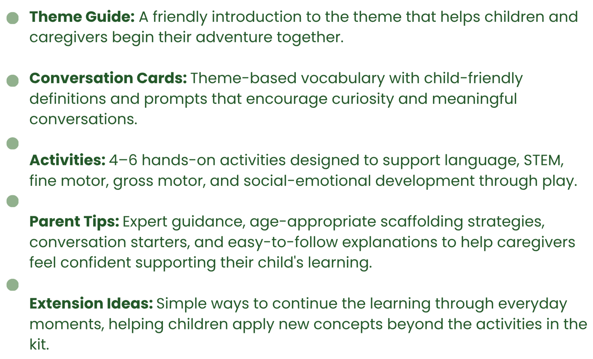A text-based document titled 'Theme Guide: A friendly introduction to the theme that helps children and caregivers begin their adventure together,' with sections on 'Conversation Cards,' 'Activities,' 'Parent Tips,' and 'Extension Ideas' written in green font on a black background.