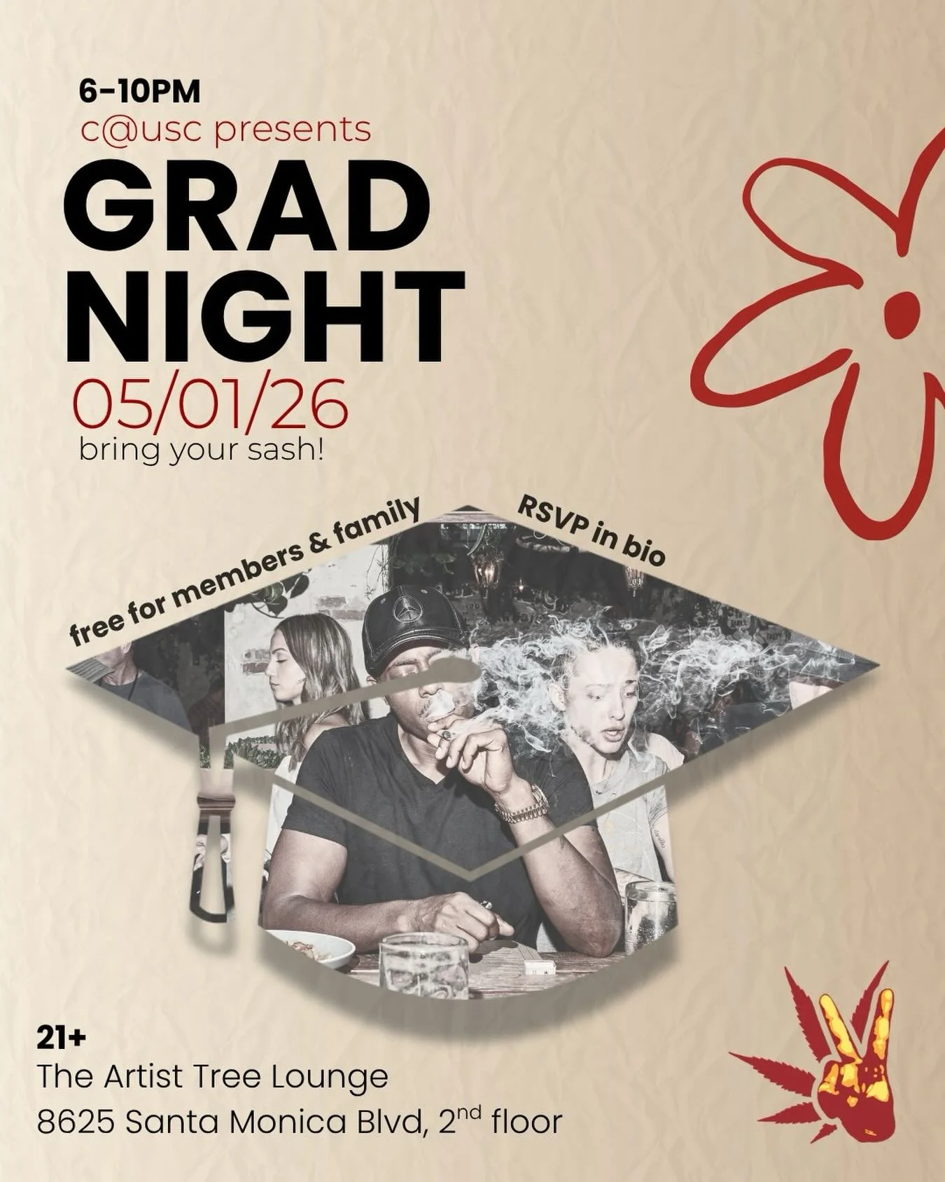 C@USC + Trojan Cannabis Network present: Senior Sesh

A grad night for the Class of 2026 at The Artist Tree Lounge.

📅 May 1 &middot; 6-10 PM 
📍 8625 Santa Monica Blvd, 2nd floor, West Hollywood 
🍃 18+ with med card | 21+ without

Come celebrate. 